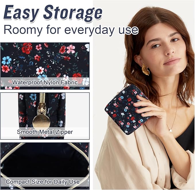 Nylon Mini Floral Makeup Bag for Purse, Small Cute Makeup Bag Preppy Cosmetic Zipper Pouch Purse, Waterproof Travel Coin Pouch Sanitary Napkin Storage Bag Makeup Organizer for Women(Navy Blue-Flower)
