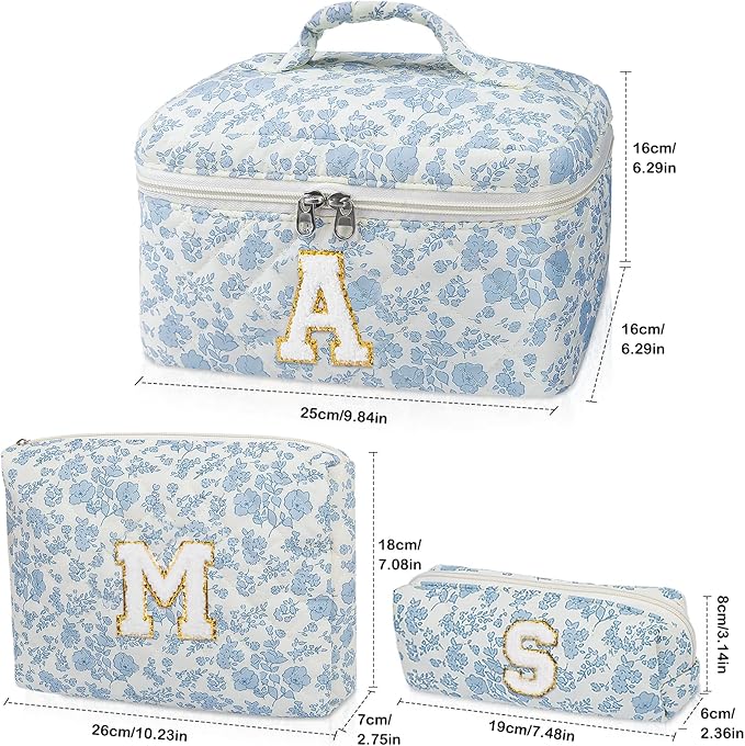 Initial Makeup Bag Set, Personalized Quilted Makeup Bag, Large Floral Cosmetic Bag for Women, Cute Cotton Custom Make up Bags, Flower Travel Toiletry Bag Teen Girl Gift Blue Flower K
