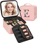 Relavel Initial Makeup Bag with LED Mirror for Women Girls, Personalized Travel Cosmetic Organizer Train Case, Birthday Gifts for Grandkids Bridesmaid Graduation Teacher Friends, Trendy Stuff, Pink E