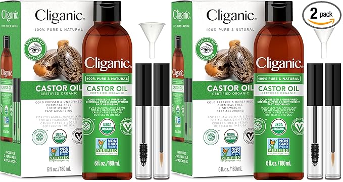 Cliganic Organic Castor Oil, 100% Pure (6oz with Eyelash Kit) - For Eyelashes, Eyebrows, Hair & Skin (Pack of 2)