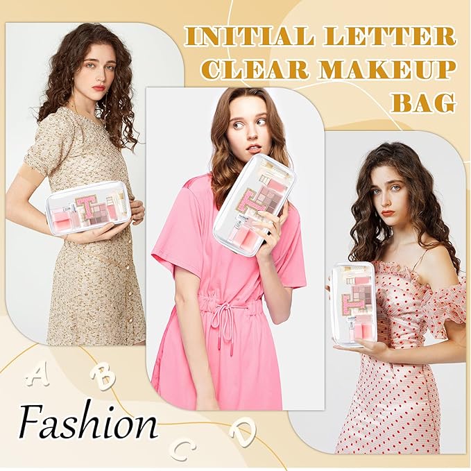 Personalized Initial Letter Clear Makeup Bag,Preppy Small Nylon&PVC Cosmetic Zipper Bag with Chenille Letter,Travel Skincare Toiletry Bag,Monogram Christmas Gift for Teen Girls Women,T