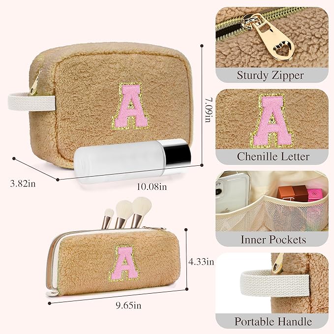 for Christmas Day Gifts, Personalized Initial Cosmetic Bag Pouch for Teen Girls, Preppy Makeup Travel Bags for Daughter Sister Girlfriend, Monogramed Make Up Pouch for Birthday Gifts - Brown F