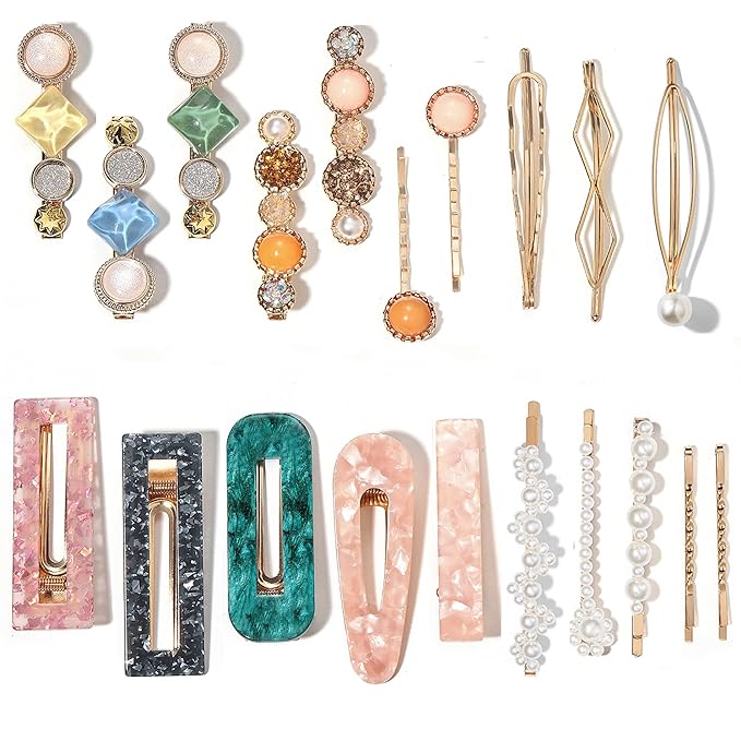 Mehayi 20 PCS Pearls and Acrylic Resin Hair Clips, Handmade Hair Barrettes, Marble Alligator bobby pins, Glitter Crystal Geometric Hairpin, Elegant Gold Hair Accessories, Gifts for Women Girls