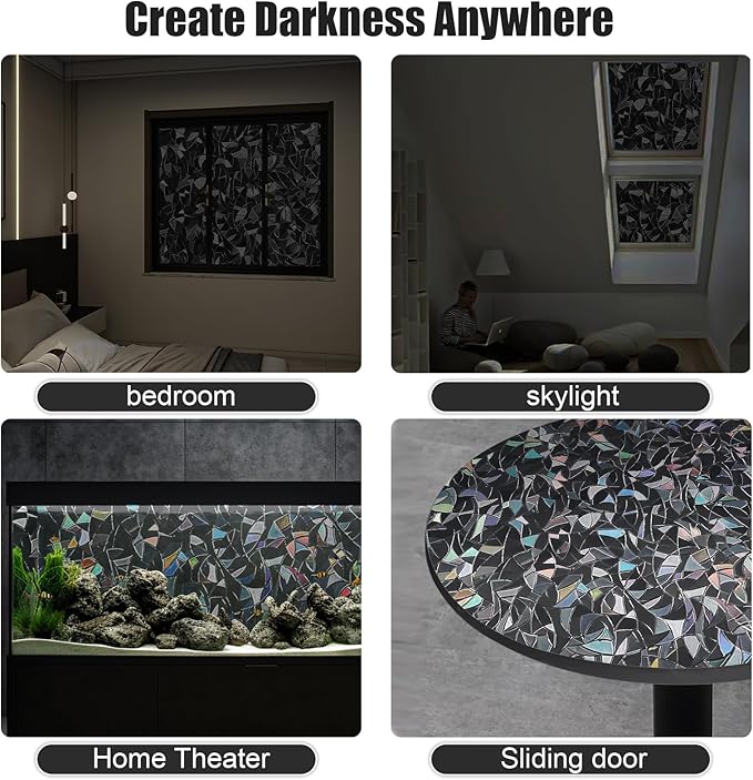QHY Sunshine Total Blackout Window Film Privacy， Frosted Glass Window Film，Black Window Tint， No Glue， Detachable, no Marks, Suitable for Repeated use (Black Rainbow, 23.6 in X 78.7 in)