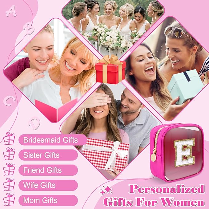 Personalized Initial Letter Clear Preppy Makeup Bag,Mini Nylon Chenille Letter Cosmetic Bag Cute Zipper Pouch Coin Purse for Teen Girls,Portable TSA Approved Travel Essentials Bag Gift for Women,E