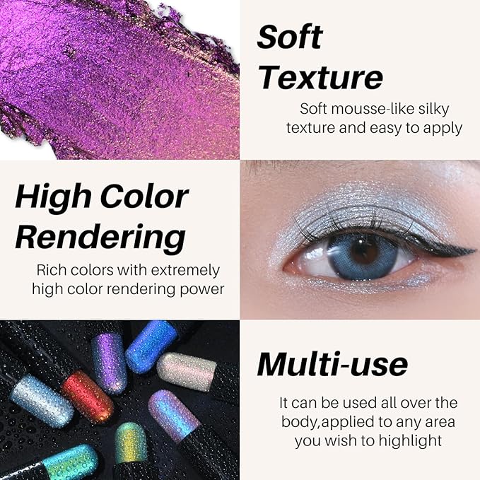 CHARMACY New Duochrome Long Stay Eyeshadow Stick, Creamy Eye Shadow Stick, Multicolor-Shifting Glitter Eyeshadow, Waterproof & Smudge-Proof, High Pigmented, Built-in Smudger #05