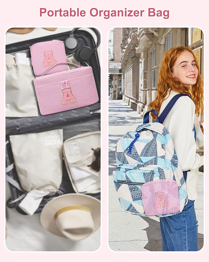 Monogram Cosmetic Bag with Brush Holder,Gifts for Girls Teen Girls-Initial Makeup Bag|Personalized Gifts for Women Friends|Cute Toiletry Make Up Traveling Stuff Organizer 2PCS Pink D
