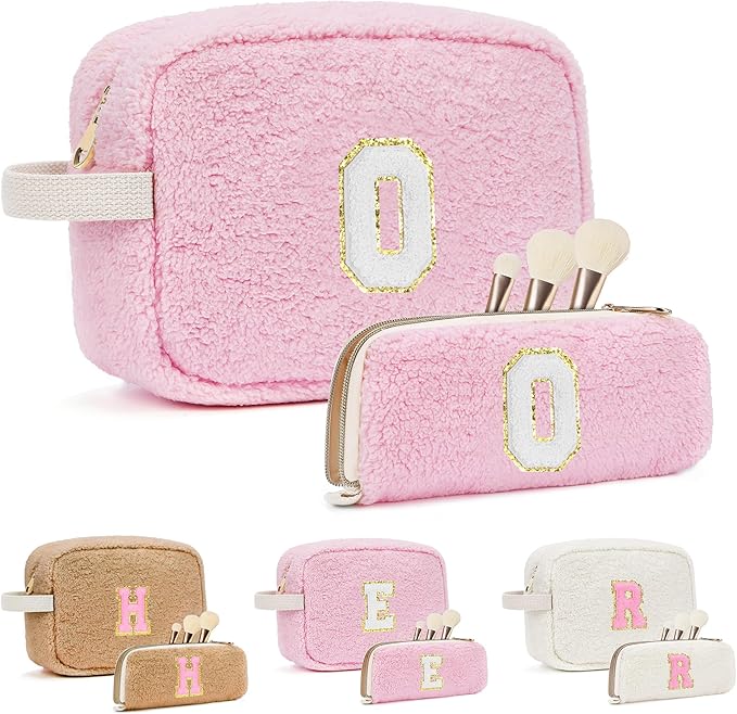 2PCS Makeup Bag with Initials, Christmas Day Gifts for Teen Girls Trendy Stuff, Personalized Cosmetic Travel Bag Pouch for Granddaughter, Cute Plush Make up Bags for Birthday - Pink O
