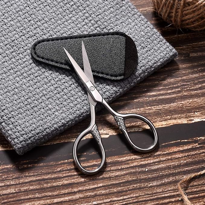 Small Precision Scissors, 3.5inch Stainless Steel Multi-Purpose Vintage Beauty Grooming Kit for Facial Hair, Eyebrow, Eyelash, Beard, Moustache with PU Sheath