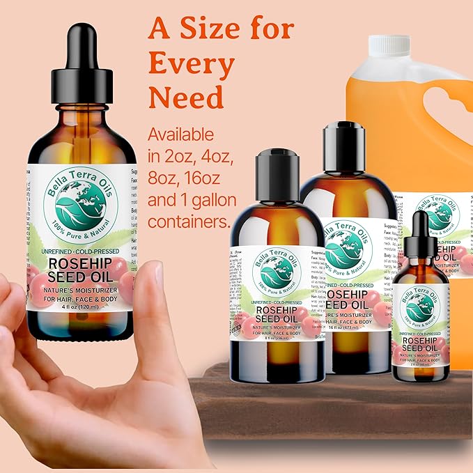 Bella Terra Oils - Organic Rosehip Oil 4 oz - Hailing from The Finest Rosa Mosqueta, Abundant in Omega-6 & Omega-3 Fatty Acids, Pure Radiance for Face