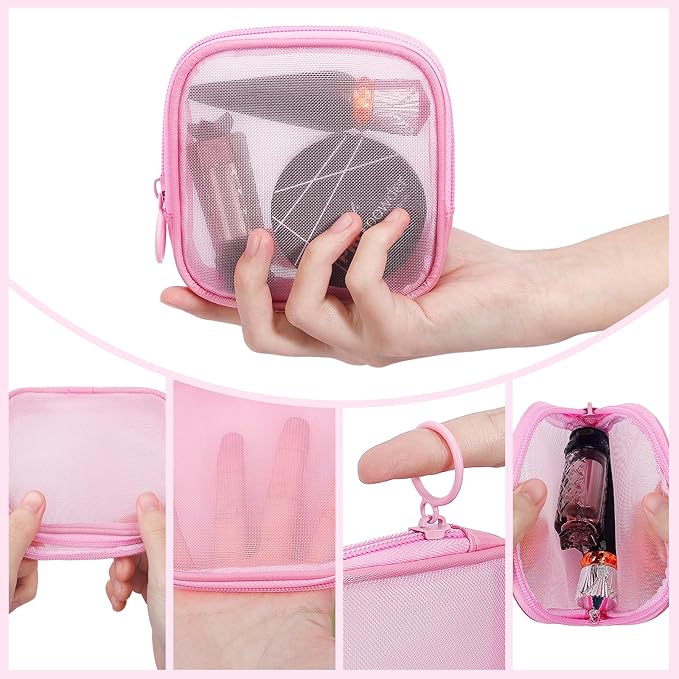 4 Pieces Mini Zipper Nylon Mesh Pouch, Mesh Cosmetic Bags Makeup Bags, Multipurpose Travel Toiletry Bags for Office Supplies and Travel Accessories (Pink, S)