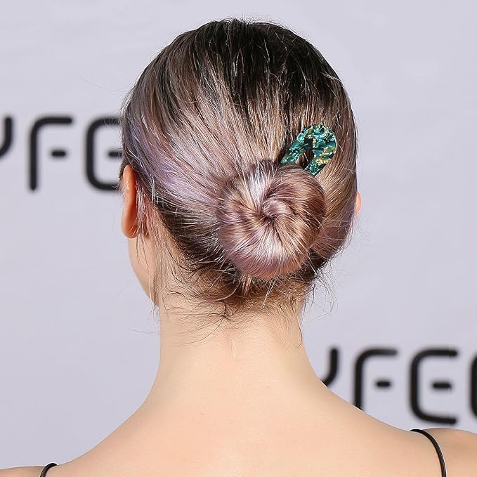 French Hair Pins U Shape Updo Hair Forks 2 Prong Bun Twist Chignon Stick Clips for Women Hair Accessories, 3 Pcs (Green,Tortoise,Brown Floral)