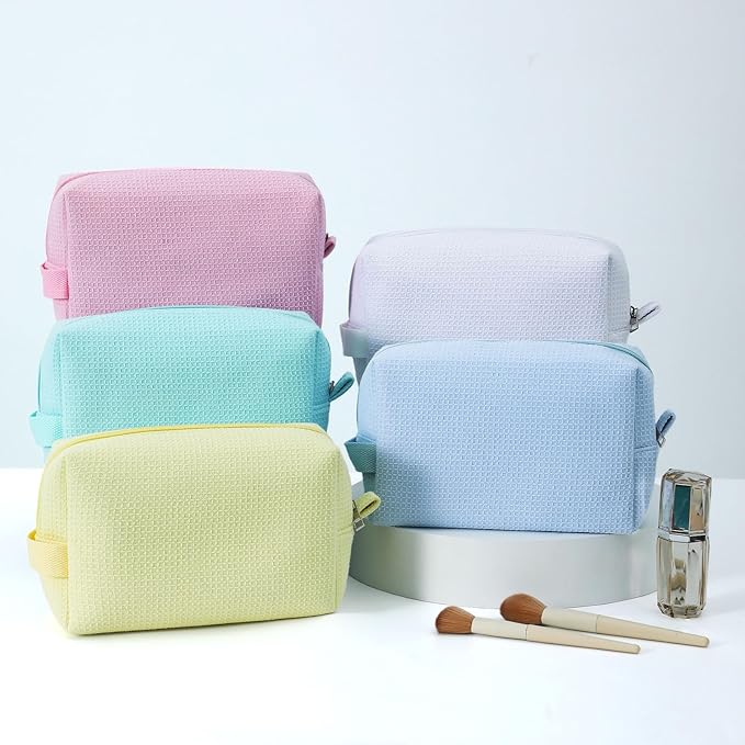 DYSHAYEN Waffle Makeup Pouch Bag, Small Travel Cosmetic Bag, Gifts for Women Bridesmaid,Wedding,Christmas (White)