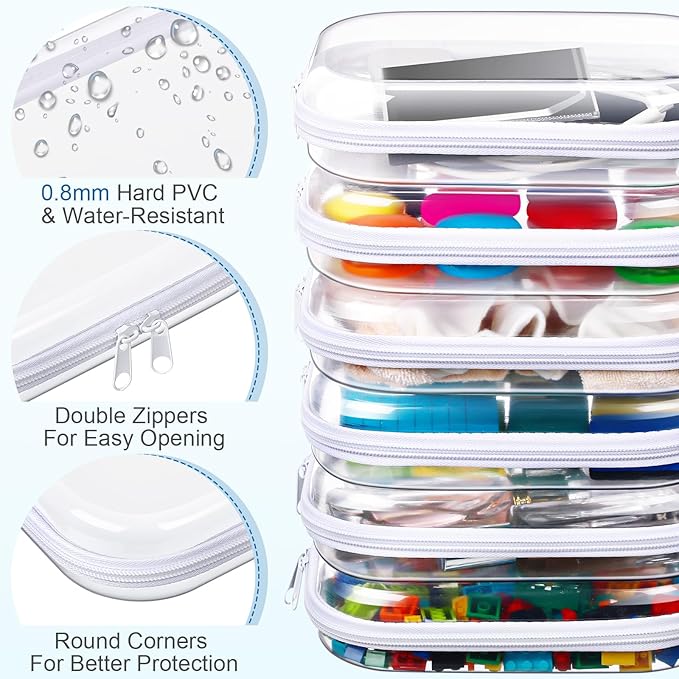 Sanwuta 6 Pcs Clear Hard Zipper Case Hard Plastic Zipper Pouches Makeup Bag Pencil Pouches Transparent Cases for Snacks Plastic Storage Organizer Box for Travel(Clear,7.87 x 5.9 x 2 Inch)