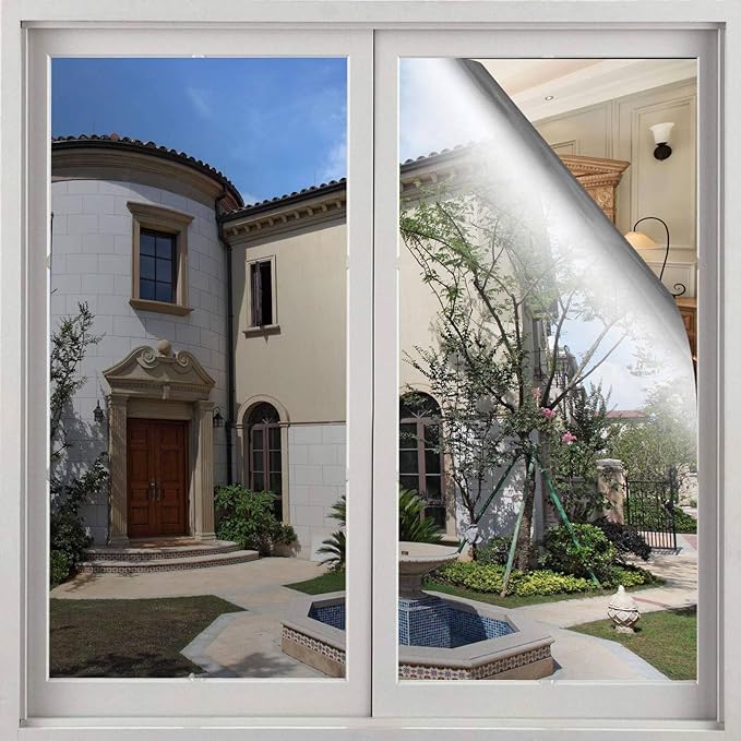 Volcanics One Way Window Privacy Film, Sun Blocking Window Tinting Film for Home Heat Control Mirror Tint Film Static Cling 17.5 x 78.3 Inches, Silver