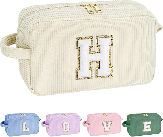 YOOLIFE Girls Makeup Bag - 5 6 7 8 9 10 11 12 13 14 15 Year Old Girl Birthday Gift for Girls Cosmetic Bags for Women Makeup Bag Organizer Brush Pouch Personalized Friend Gifts for Women White Letter H