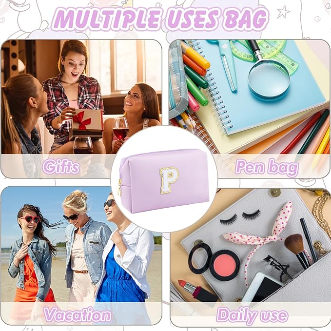 Gifts for Girls Initial Makeup Bag Personalized Cosmetic Bag with Zipper Cute Travel Toiletry Bag Waterproof PU Preppy Makeup Pouch Birthday Gift for Teen Girls Women(Purple P)