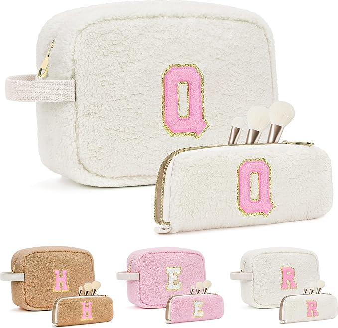 for Christmas Day Gifts, Travel Makeup Bag for Women, Initial Make Up Bag Set for 6 7 8 9 10 11 12 13 Years Old Kids Tween Girls, Large Cosmetic Skincare Bags for Birthday Gifts, White Q