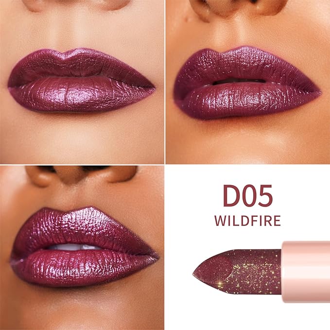 Oulac Shimmer Purple Lipstick for Women, Infinity High Shine Finish, Hydrating Lip Color Infused with Damask Rose Oil for All-Day Comfort, Gluten-Free Vegan Beauty, D05 Wildfire