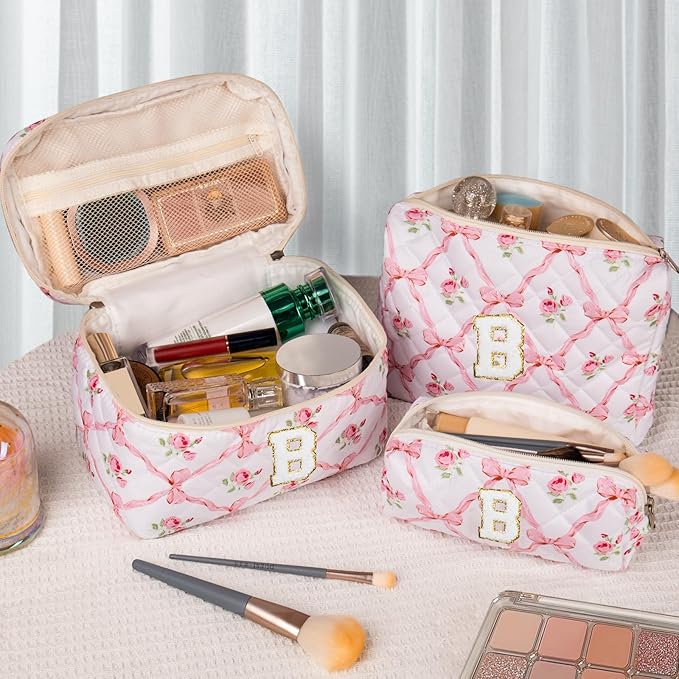 Personalized Initial Makeup Bag Set, Quilted Makeup Bag, Large Floral Cosmetic Bag for Women, Cute Cotton Custom Make up Bags, Flower Travel Toiletry Bag Teen Girl Gift Trendy Stuff Gift B