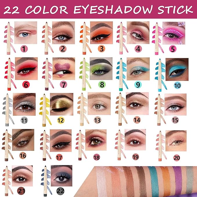 Blue Eyeshadow Makeup, Waterproof Hypoallergenic Long Lasting Eye Liner, Highlighter Matte Cream Eye Shadow Stick, Glitter Primer Palette Shimmer Eyeliner Pen