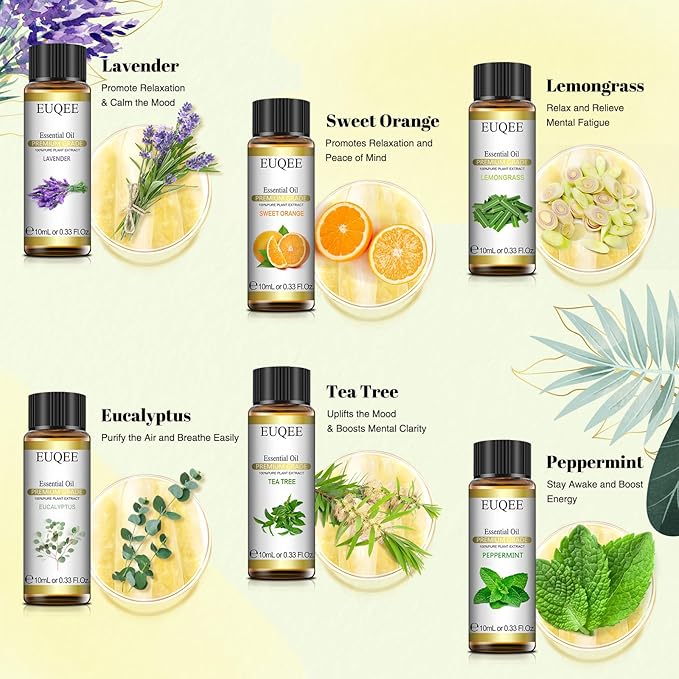 EUQEE Classic Essential Oil Set of 6 Pure Essential Oil Gift Set for Diffusers, Soap Candle Making - Lavender, Eucalyptus, Peppermint, Tea Tree, Sweet Orange, Lemongrass Aromatherapy Oils -10ml