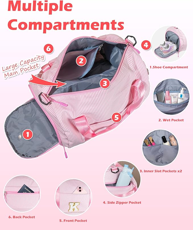 Teen Girl Gifts Trendy Stuff, Girls Travel Duffle Bag, Kids Initial Overnight Bags with Shoe Compartment, Personalized Weekender Bag with Makeup Pouch, Sweet 16 Gift (Letter F)