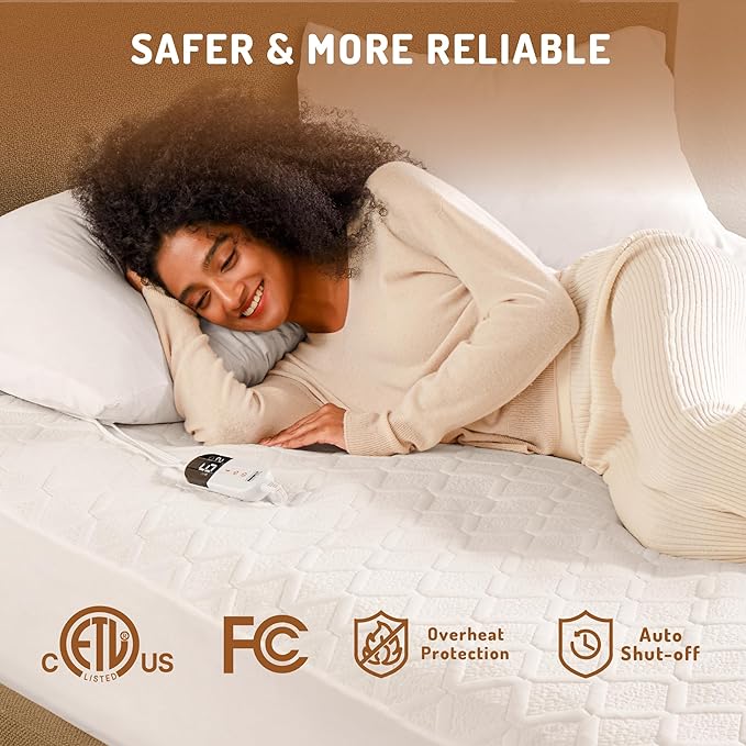 Queen Size Heated Mattress Pad - Degrees of Comfort Electric Bed Warmer with Dual Controllers, 6 Heating Levels, 10-Hour Auto Shut-Off, Breathable Air-Layer, 60"x80"