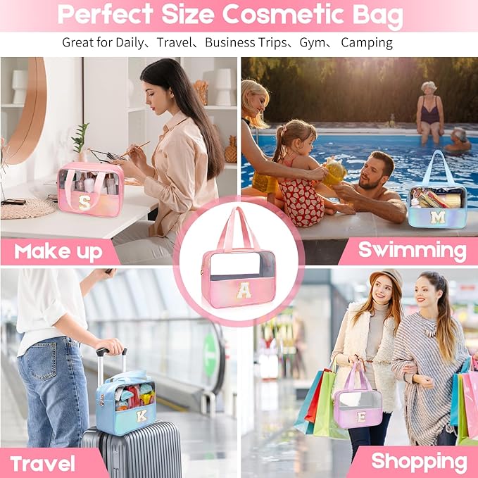 Personalized Initial Clear Makeup Bag Pink Cosmetic Bag Set Large Travel Toiletry Bag, Cute Clear Make Up Bags Organizer Bag for Girlfriend Teacher Gifts Teen Girl Gifts Trendy Stuff E (Pink)