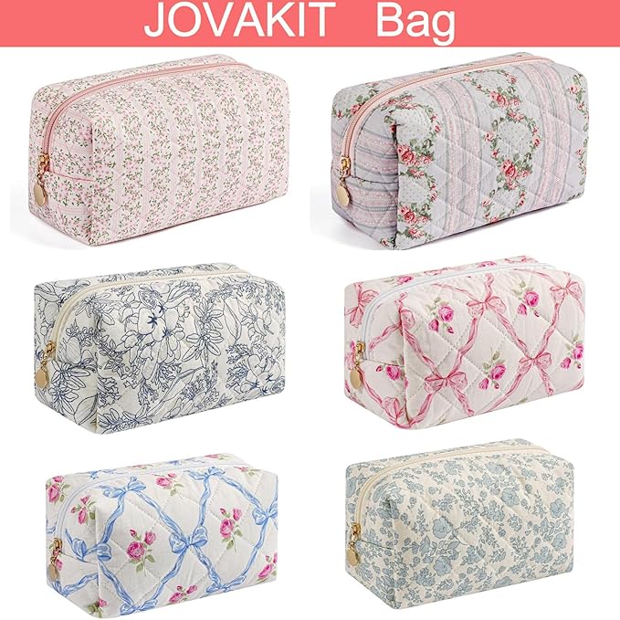 JOVAKIT Square Makeup Bag Cute Cosmetic Bag for Women, Floral Coquette Aesthetic Toiletry Bag, Zipper Make Up Pouch, Travel Make Up Organizer Bag (Big Blue Flower)
