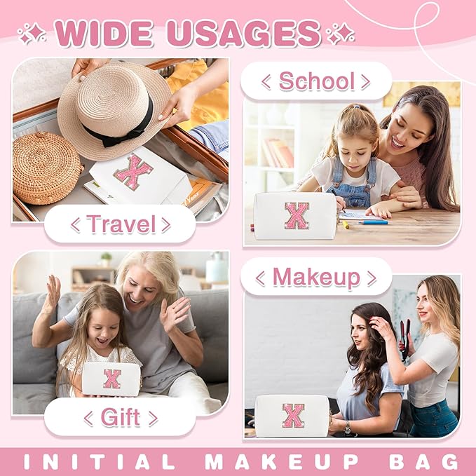 Small Initial Patch Makeup Bag Personalized Gifts Make Up Bag,White Cute PU Leather Glitter Letter Cosmetic Bag with Zipper,Trendy Portable Travel Toiletry Pouch,Preppy Stuff for Teen Girls Women X