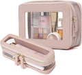 Pinkmik Clear Makeup Bag with Brush Case Travel Toiletry Bag Waterproof Cosmetic Organizer Car Essentials for Women (Pink, M+SLIM-1)