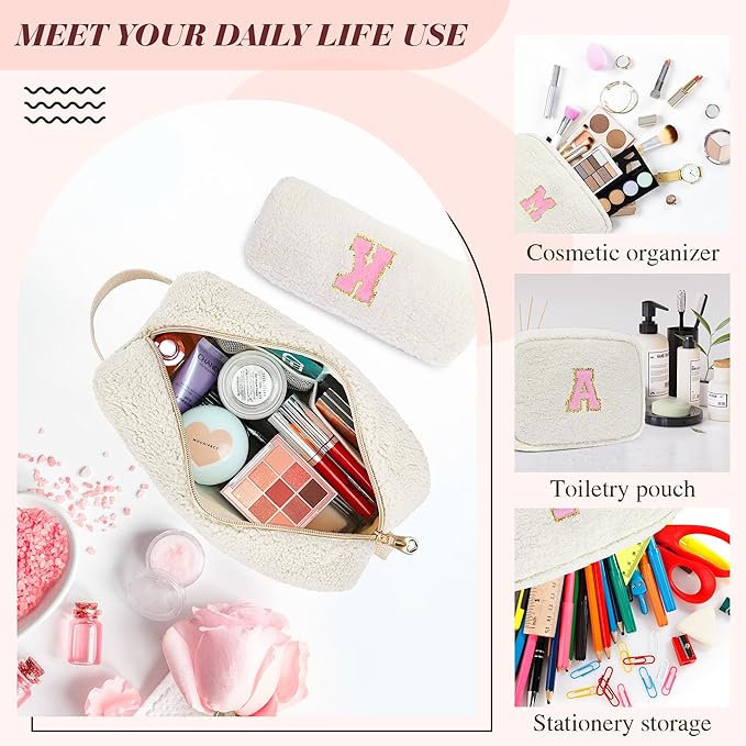 for Christmas Day Gifts, Travel Makeup Bag for Women, Initial Make Up Bag Set for 6 7 8 9 10 11 12 13 Years Old Kids Tween Girls, Large Cosmetic Skincare Bags for Birthday Gifts, White M
