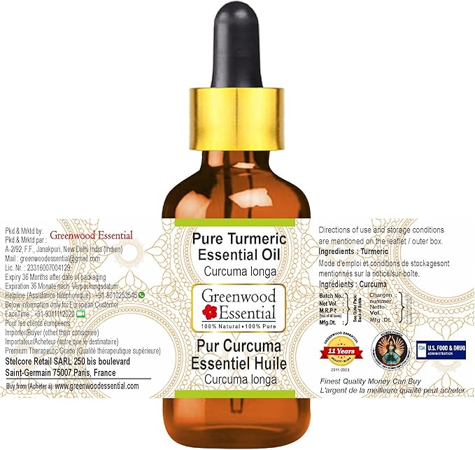 Greenwood Essential Turmeric Essential Oil (Curcuma Longa) with Glass Dropper Steam Distilled (Pack of Three) 100ml X 3 (10.1oz)