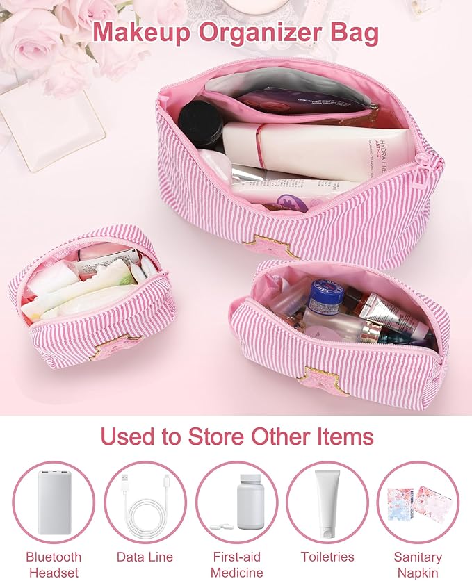 MONSTINA Travel Makeup Bags for Women,Make Up Pouch for Girlfriend Bridesmaid Wife,Birthday Gift for Her Cute Monogram Cute Initial Toiletry Bag Set,3PCS Pink H