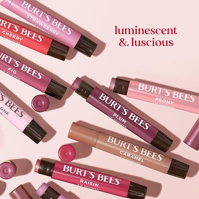 Burt's Bees Shimmer Lip Tint Set, Tinted Lip Balm Stick, Moisturizing for All Day Hydration with Natural Origin Glowy Pigmented Finish & Buildable Color, Plum (4-Pack)