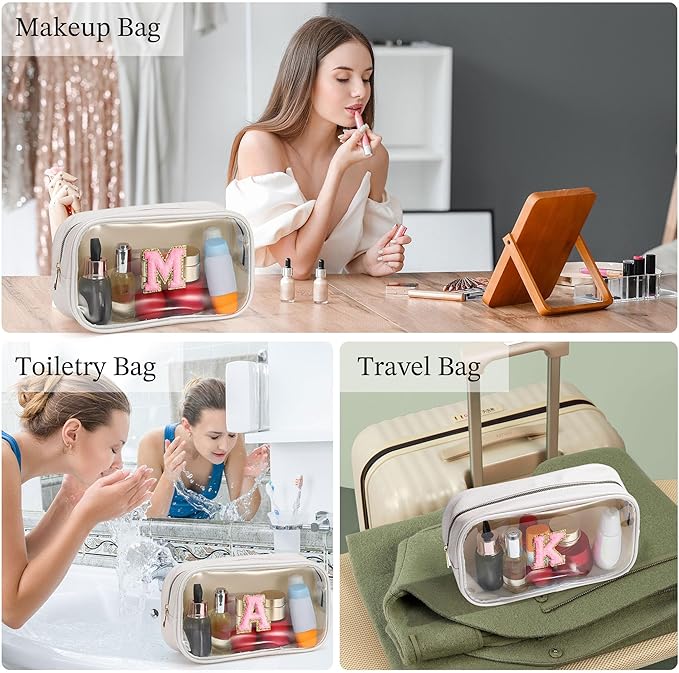 YOOLIFE Initial Make Up Bag Travel Toiletry Bag, Clear Makeup Bag Preppy Cosmetic Bag Clear Makeup Bags With Zipper Girlfriend Teacher 8 Year Old Girl Gifts Daughter Gifts Swim Gifts For Girls White S