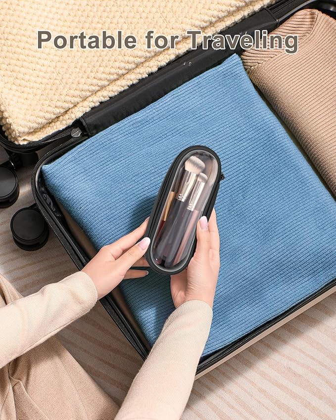 Clear Travel Makeup Brush Holder, Leather Makeup Brush Toiletry Bag, Portable Cosmetic Brush Case, Transparent Waterproof Makeup Brush Storage Bag, Black, Large
