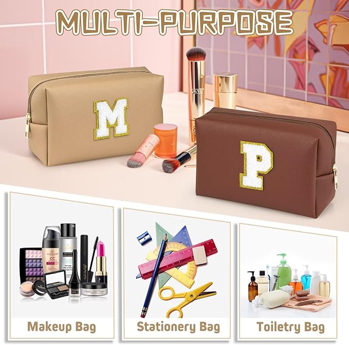 TOPEAST Initial Cosmetic Bag, PU Leather Waterproof Travel Toiletry Bag, Monogrammed Gifts for Women, Personalized Birthday Gift for Sister Friends, Cute Stuff for Girls (Khaki K)