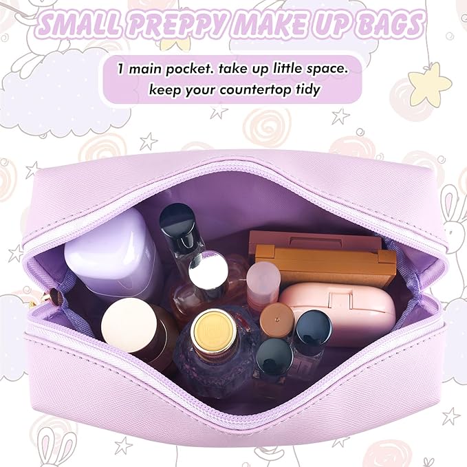 Gifts for Girls Initial Makeup Bag Personalized Cosmetic Bag with Zipper Cute Travel Toiletry Bag Waterproof PU Preppy Makeup Pouch Birthday Gift for Teen Girls Women(Purple T)