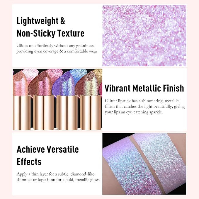 Metallic Blue Lipstick Makeup, Holographic Glitter Lip Stick Long Lasting Lightweight Non-Sticky Hydrating Lip Tinted Full Coverage High-Shine Sparkling Shimmer Lipstick for Women
