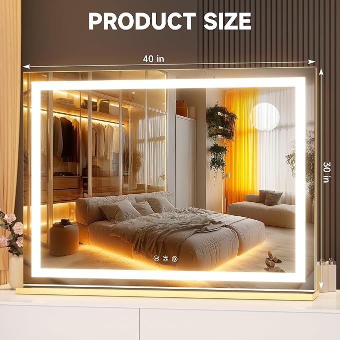 Hasipu Vanity Mirror with Lights, 40" x 30" LED Makeup Mirror, Lighted Makeup Mirror with Dimmable 3 Modes, Touch Screen Control Vanity Mirror Square Gold