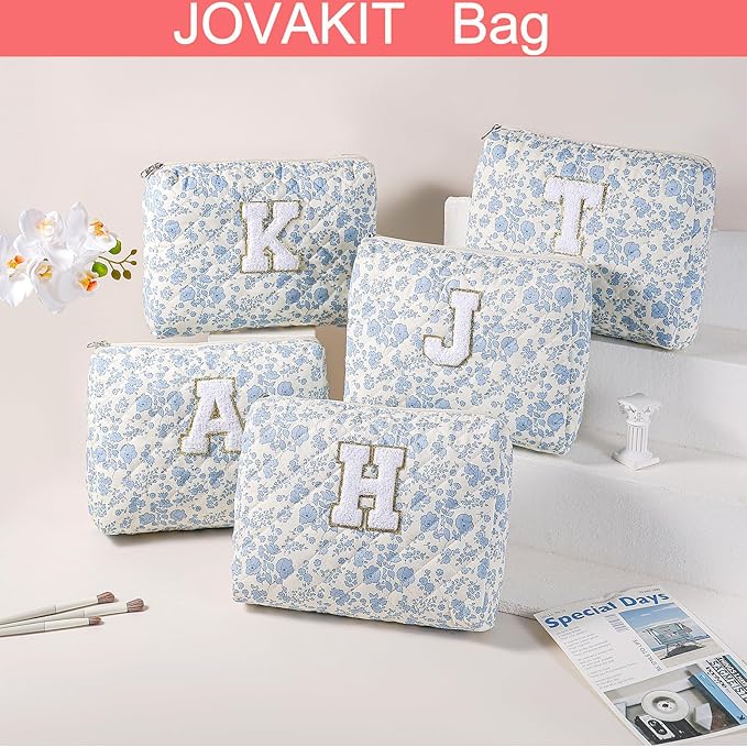 JOVAKIT Alphabet Makeup Bag Cosmetic Bag for Women, Christmas Gifts for Girls Age 6-18, Floral Flowers Coquette Travel Toiletry Zipper Make Up Pouch Organizer Trendy Stuff (2Pcs Blue Floral T)