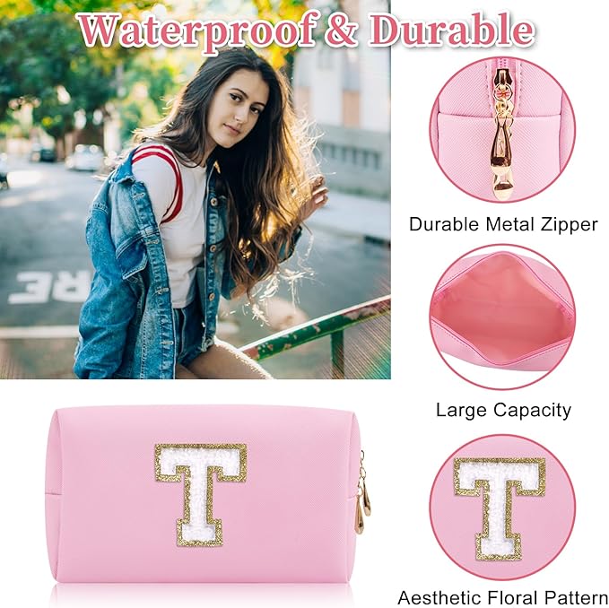 Personalized Initial Letter Patch Makeup Bag, Preppy Portable Chenille Letter Cosmetic Bag with Zipper, PU Leather Waterproof Travel Toiletry Bag Monogram Make Up Pouch for Women Girls