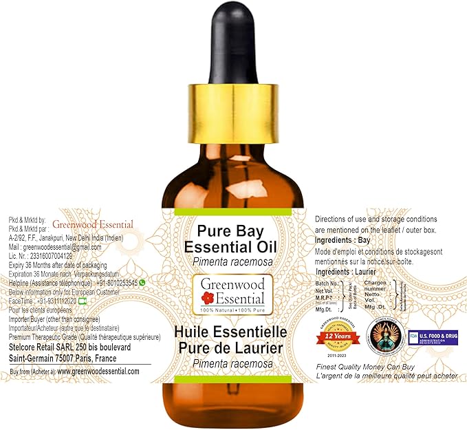 Greenwood Essential Pure Bay Essential Oil (Pimenta racemosa) with Glass Dropper Steam Distilled (Pack of Three) 100ml X 3 (10.1oz)
