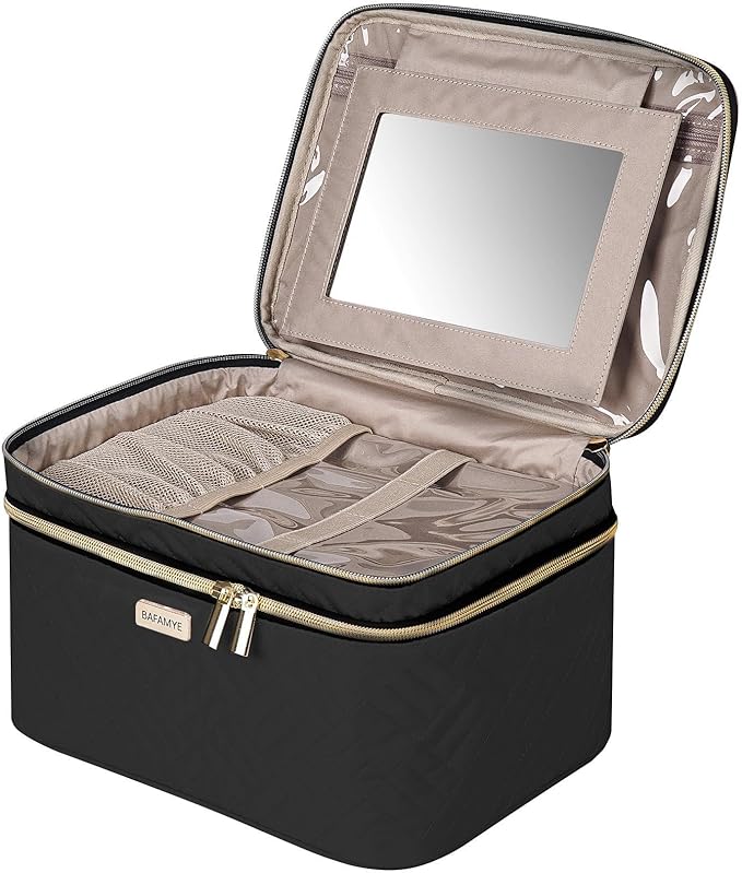 8.8L Double Layer Travel Makeup Bag With Mirror For Women, Large Cosmetic Case, Organizer for Travel-Size Accessories Bottles, Brushes,and Skin Care Products, 2.33 GAL, Black