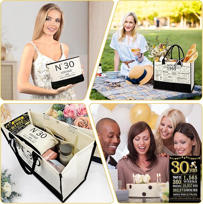 30th Birthday Gifts for Women Canvas Tote Bag Travel Gear, Unique 30 Years Old Gifts for Wife Sister Mom Aunt Friends Her, Vintage N°30 Handbag & Cosmetic Bag & Back in 1995 Poster
