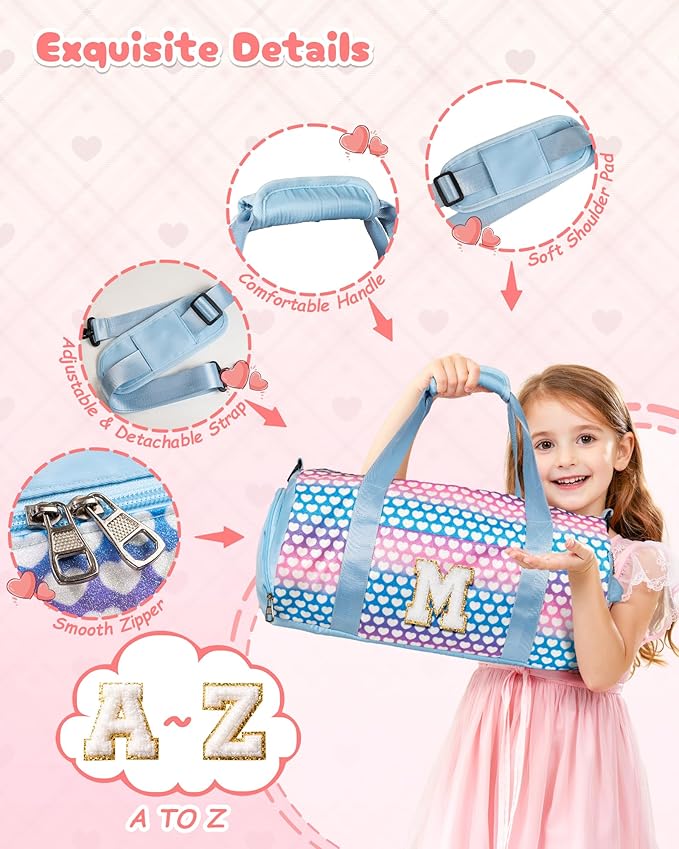 Christmas Gifts for Grandkids, Girls Travel Duffel Bag, Kids Initial Overnight Bags with Shoe Compartment, Initial Duffle Bag with Makeup Pouch, Gift for Teenage Girl (Letter F)
