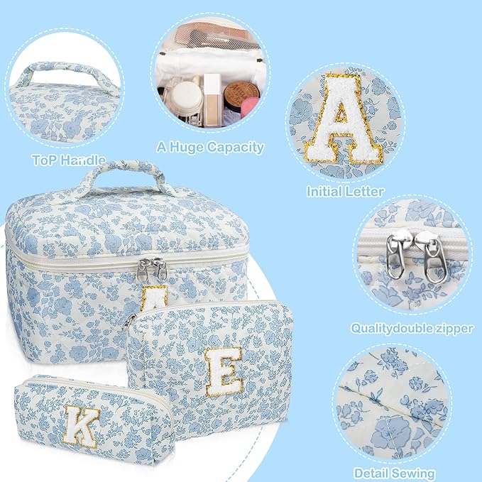 Initial Makeup Bag Set, Personalized Quilted Makeup Bag, Large Floral Cosmetic Bag for Women, Cute Cotton Custom Make up Bags, Flower Travel Toiletry Bag Teen Girl Gift Blue Flower A