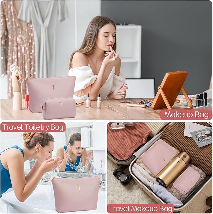 Women Gifts | Initial Makeup Bag Set for Girl Personalized Gifts for Bridesmaid Friend Graduation Teachers PU Leather Cosmetic Travel Toiletry Bag(Pink,T)